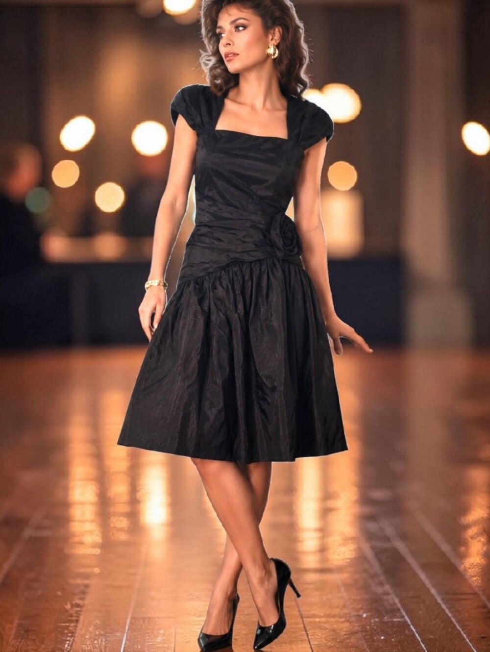 Vtg 80s Nadine Party Dress 3 Black Taffeta Puff Sleeve Rosette Cocktail Formal